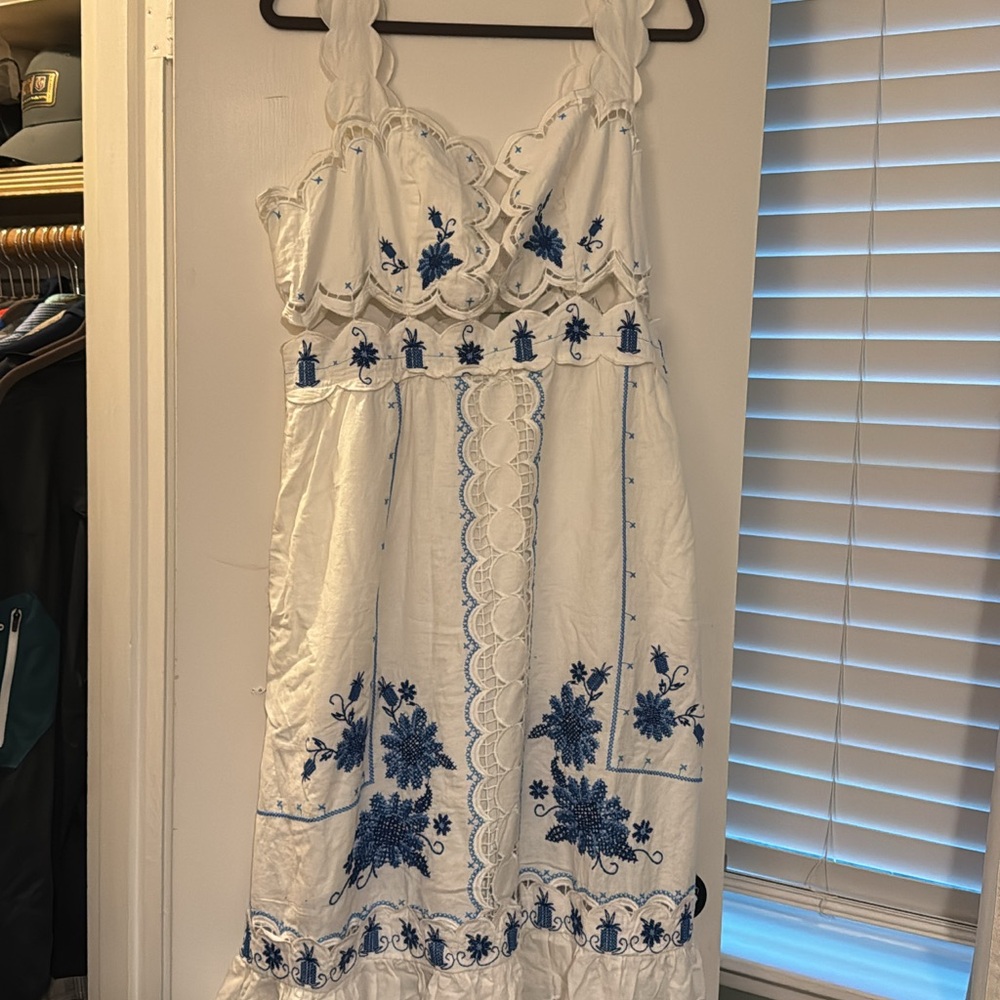 FARM Rio White and Blue Embroidered Maxi Dress
